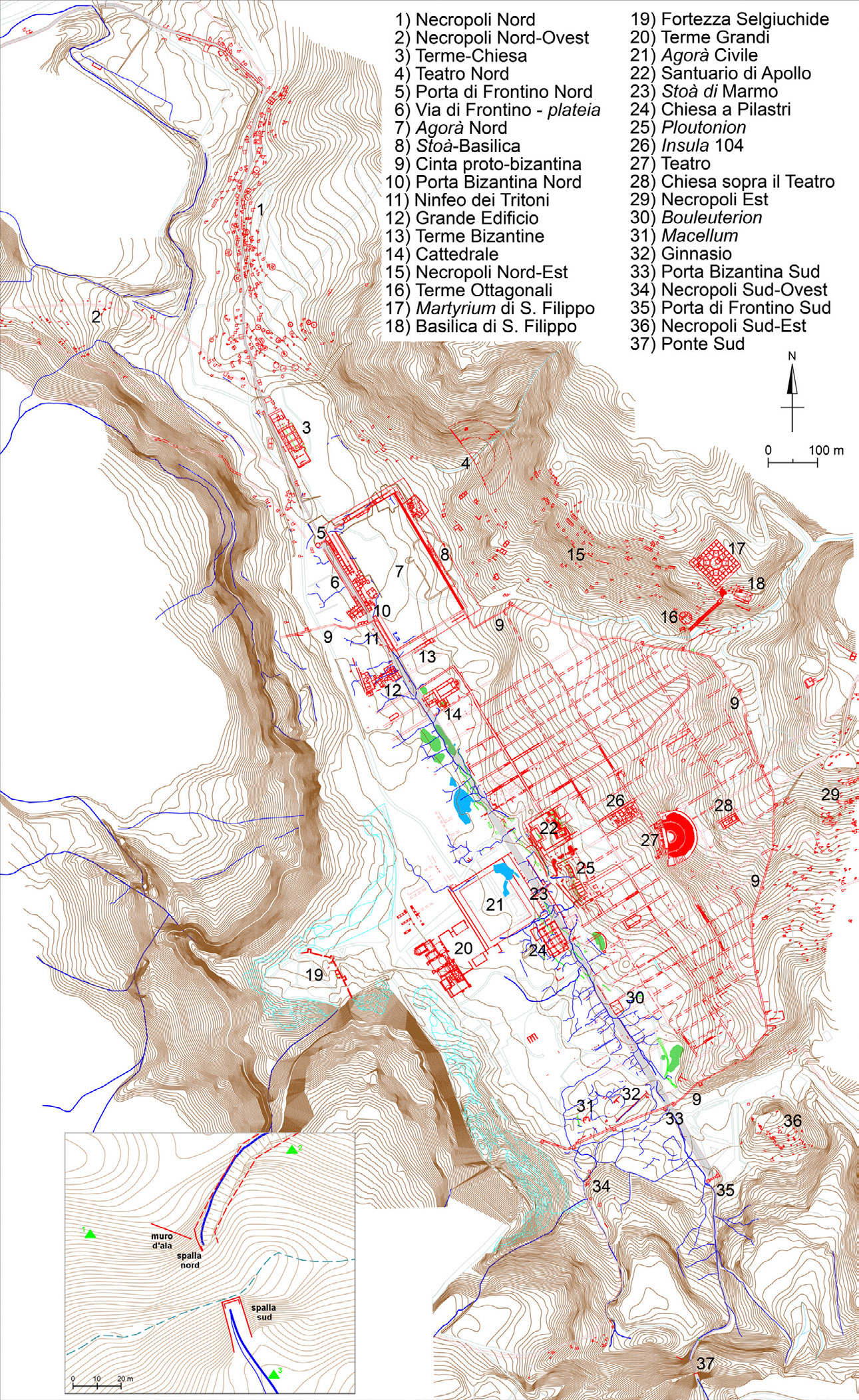 Fig. 1 – Carta archeologica di Hierapolis: in grigio è evidenziato l’importante asse viario che attraversava la città (plateia) e lungo il quale, a S dell’area urbana, fu costruito il cd. Ponte Sud, documentato in dettaglio nel riquadro, dove sono riportati anche i tre nuovi survey points utilizzati per il rilievo del monumento.