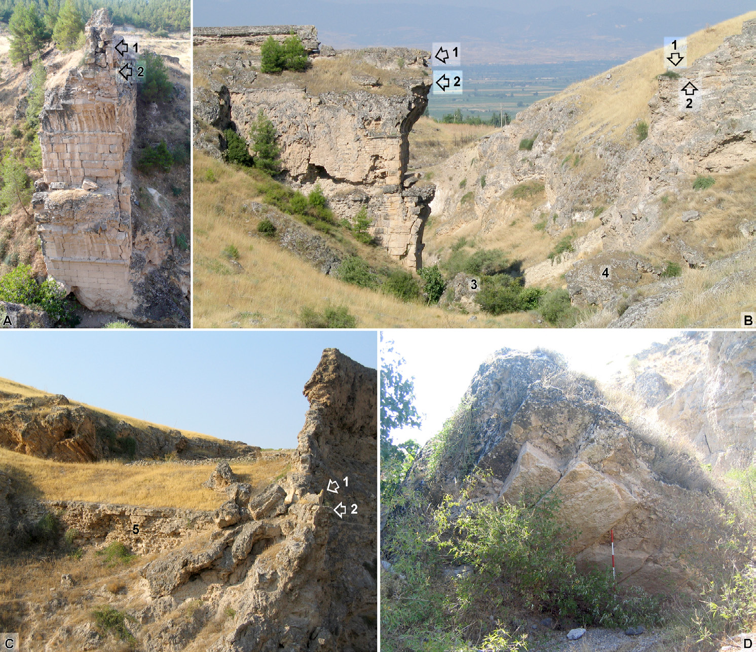 Fig. 5 – I resti del Ponte Sud: la spalla meridionale vista da N (A), il prospetto orientale (B), le scarse strutture conservate della spalla settentrionale (C) e le lastre della pavimentazione stradale nell’alveo del corso d’acqua (D). Sono indicati i resti del canale (1) e del lastricato stradale (2) in situ, le porzioni dell’arcata superiore (3) e della spalla settentrionale (4) franati nel fondovalle, e il muro d’ala (5).