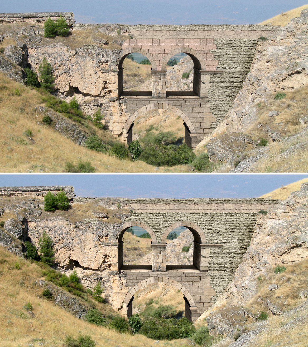 Fig. 6 – Ricostruzione 3D del Ponte Sud: vista da E, con le due differenti ipotesi per il paramento delle murature di rinfianco degli archi del secondo ordine.