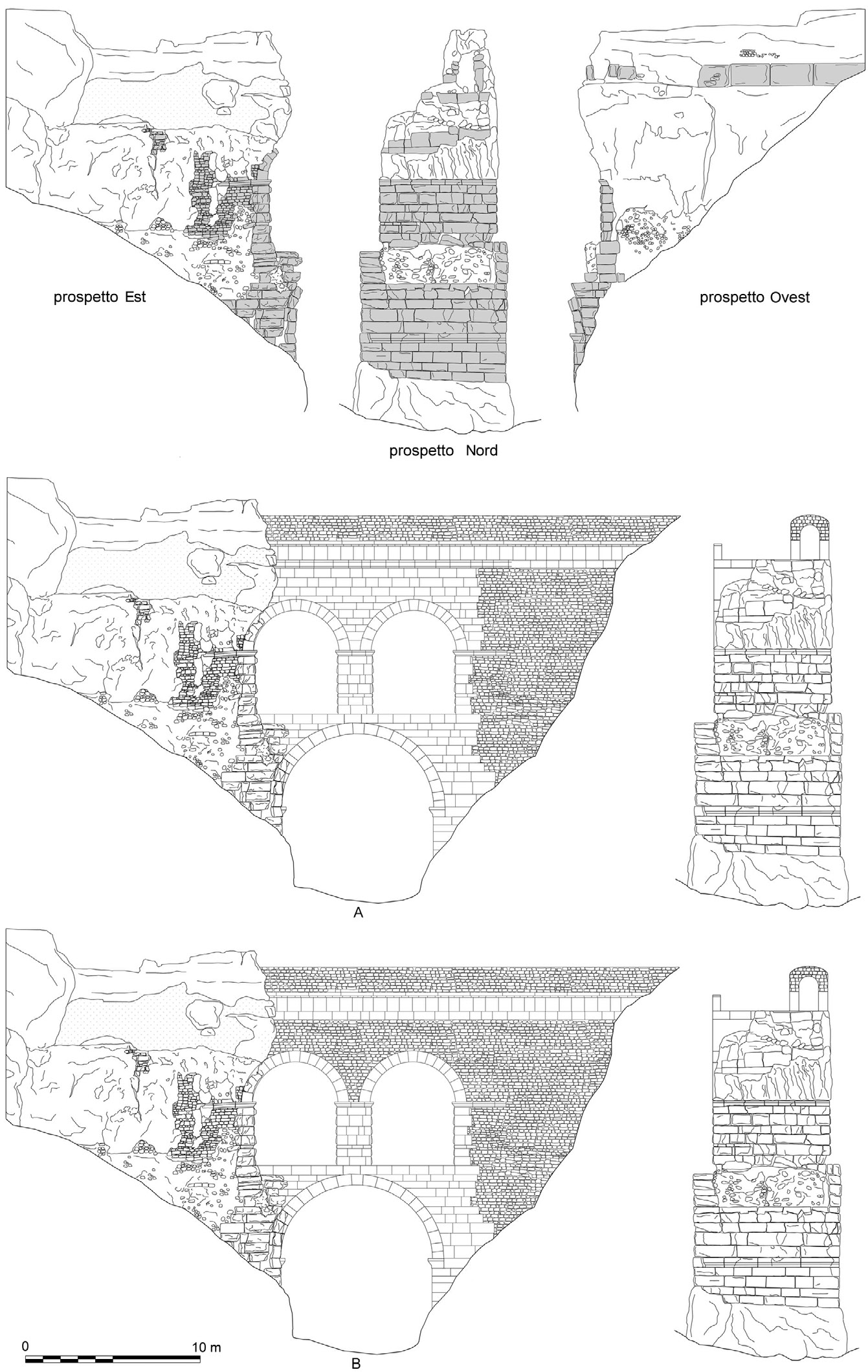 Fig. 8 – Rilievo della spalla meridionale (in alto) e ricostruzione del prospetto orientale del Ponte Sud (in basso), con le due ipotesi per il paramento delle murature di rinfianco degli archi del secondo ordine, a blocchi parallelepipedi (A) o a blocchetti più piccoli (B).