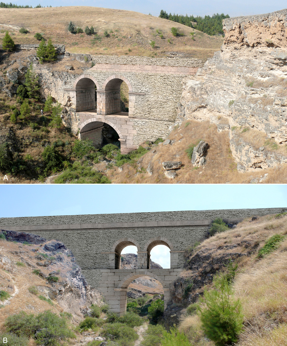 Fig. 9 – Vedute virtuali del Ponte Sud da E: ricostruzione della sola parte crollata (A) e anche di quella oggi coperta dalle concrezioni calcaree (B).