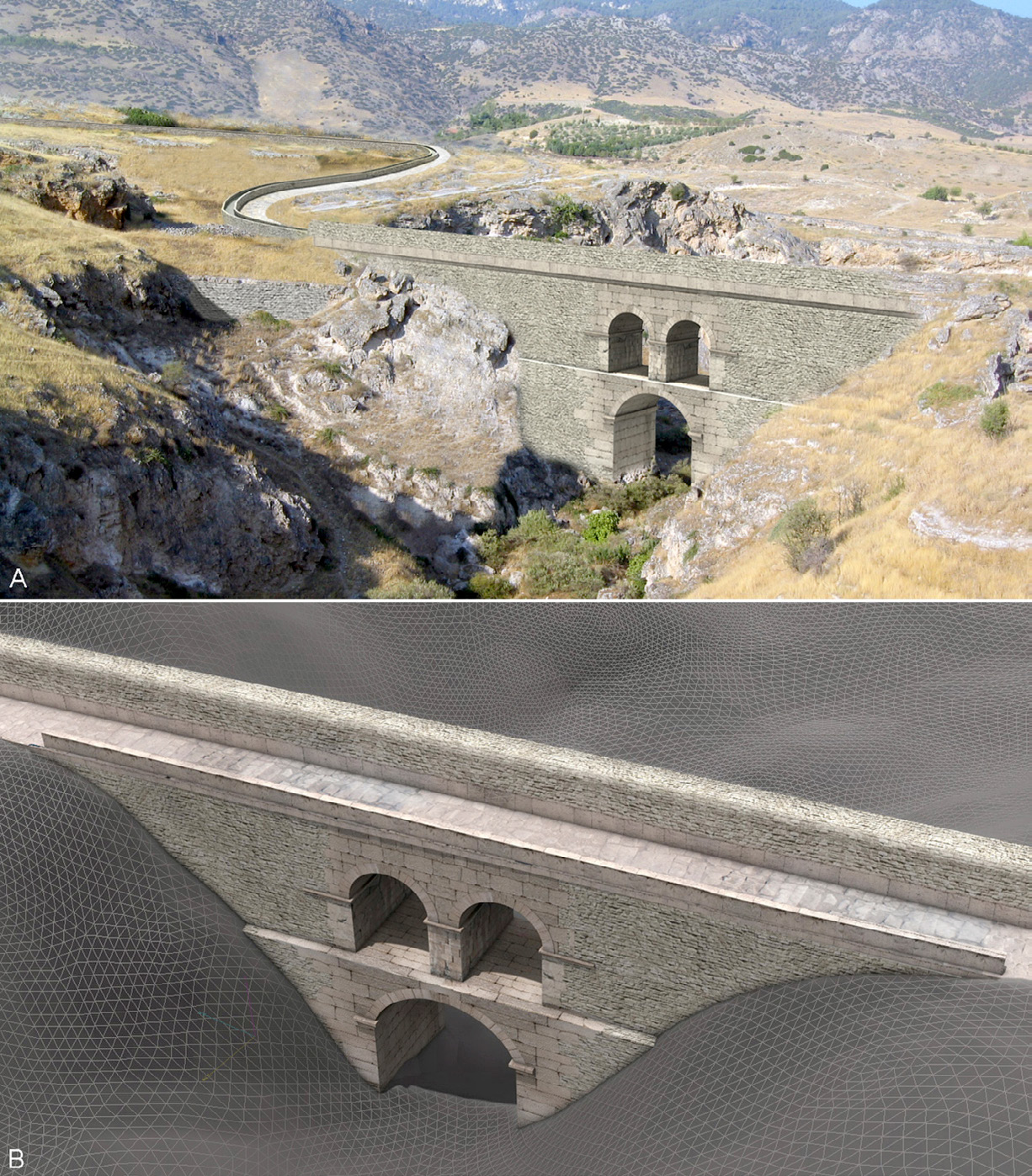 Fig. 10 – Vedute virtuali del Ponte Sud: da SO con ricostruzione anche della strada e del canale a N del ponte (A) e da NE con DEM privo di texture (B).