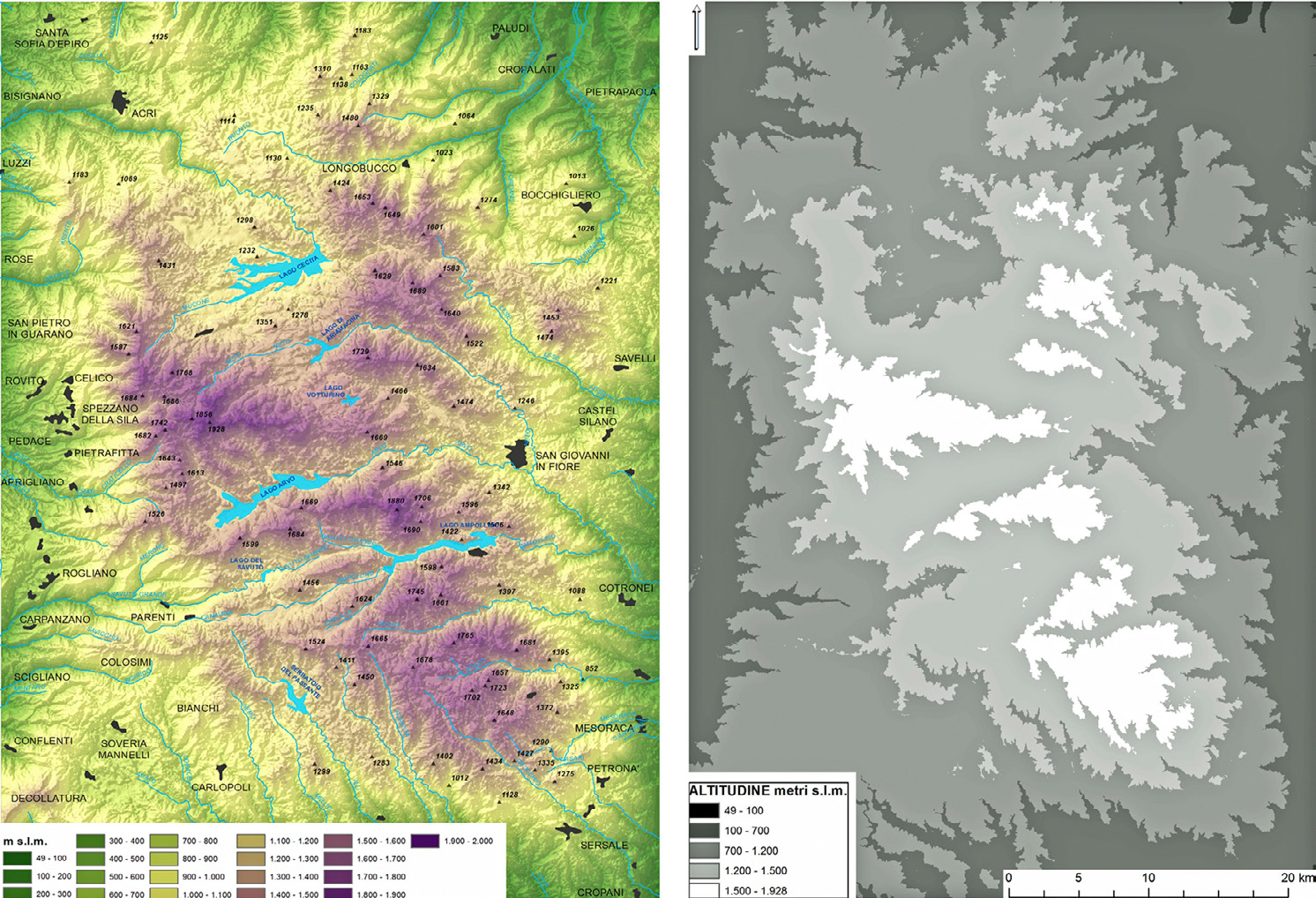 Fig. 1 – Stralci dell’elaborazione GIS: a) DTM e geografia; b) fasce altitudinali.