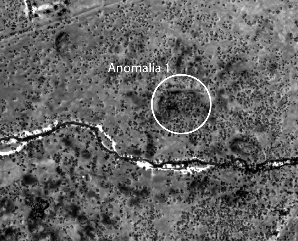 Fig. 6 – L’immagine pan-sharpened dopo l’applicazione del decorrelation stretching (Band 4): risultano ben visibili alcuni elementi strutturali dello scavo di R. Sundström, ora non più conservati (Anomalia 1).