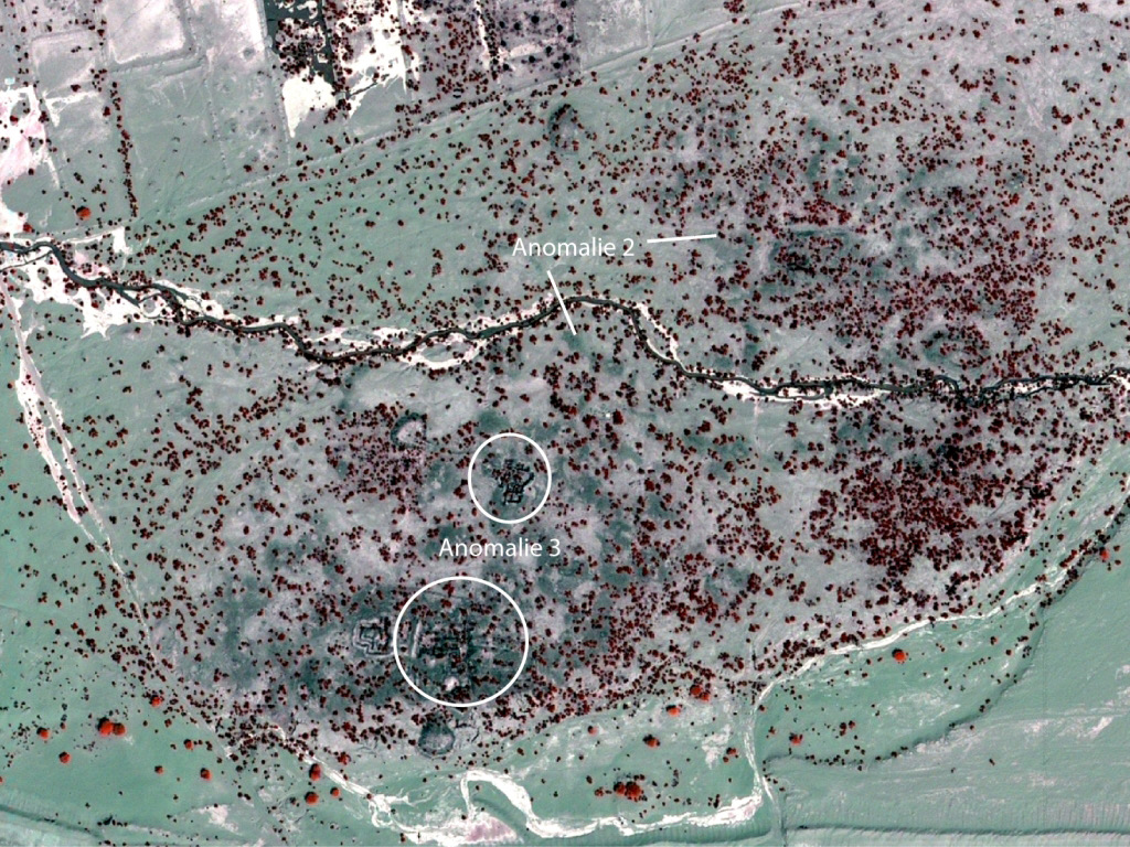 Fig. 7 – L’immagine pan-sharpened nella visualizzazione colour composite RGB 423 (NIR/Green/Red): risultano ben visibili le Anomalie 2 e 3.