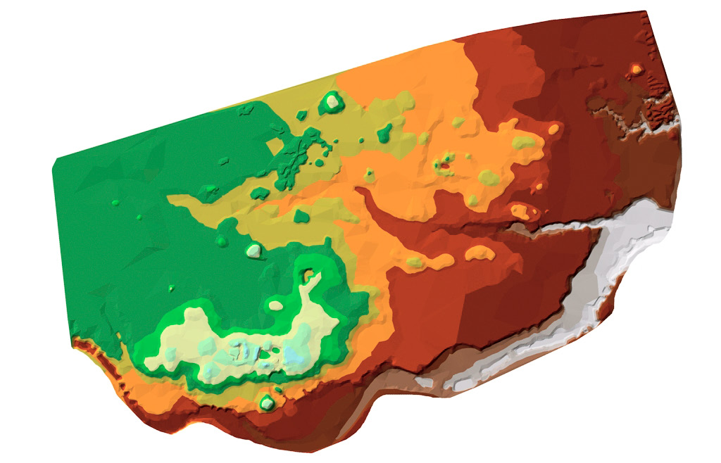 Fig. 11 – Topografia della città: in blu le UT crolli di edifici, in rosso le UT strutture murarie affioranti, in giallo e bordeaux le UT vecchi scavi, in arancione gli attuali settori di scavo.