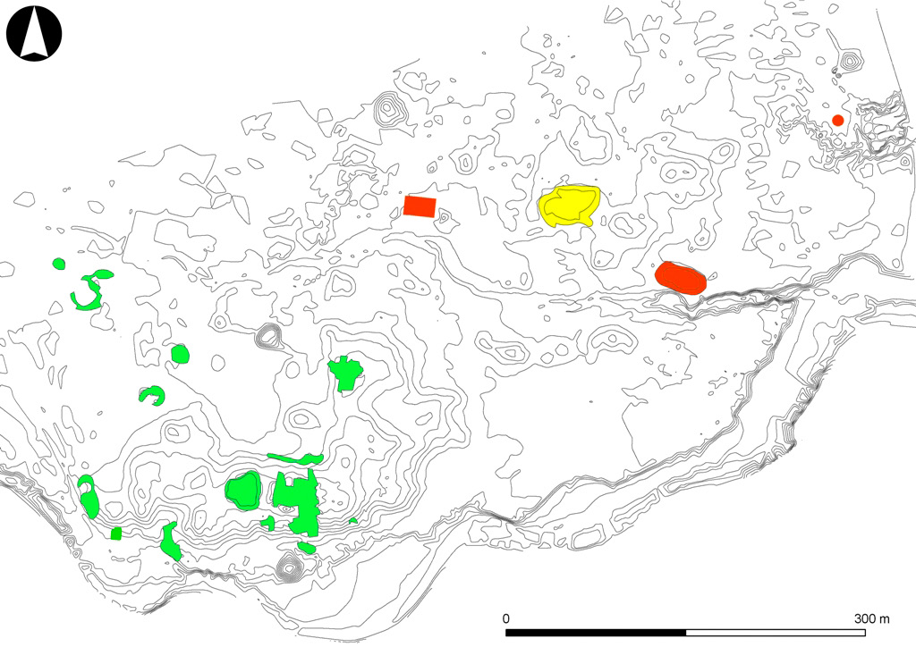 Fig. 12 – Topografia della città con identificazione di macro-aree funzionali: in verde le aree con strutture a carattere residenziale; in arancione le aree con strutture religiose; in giallo il palazzo scavato da R. Sundström.