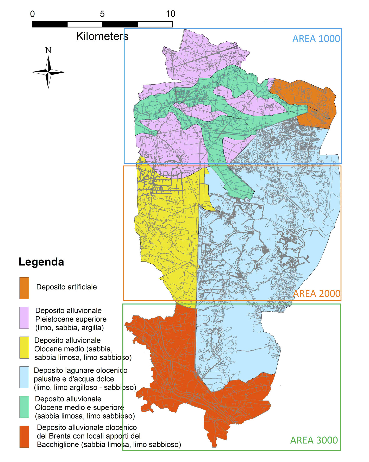 Fig. 3 – Carta geologica con i principali depositi sedimentari che interessano l’area di ricerca.