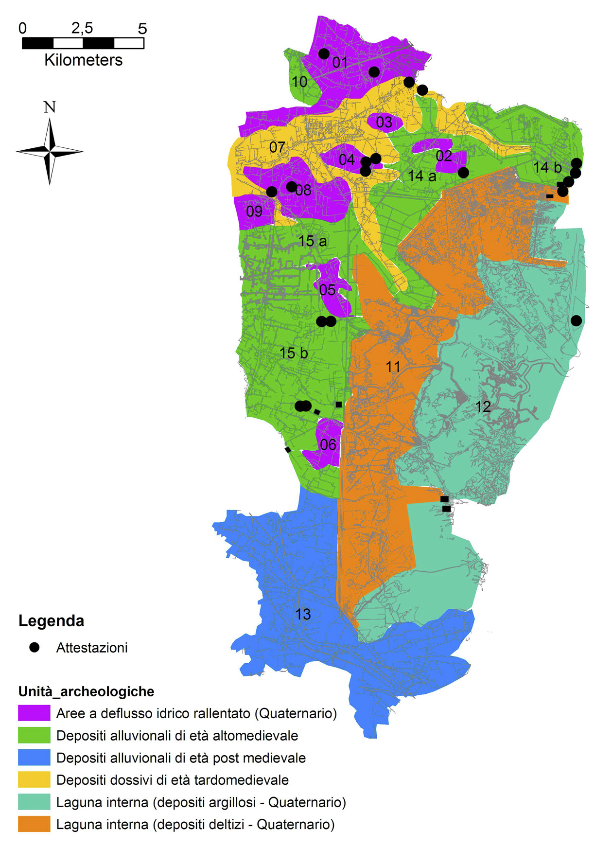 Fig. 6 – Elaborazione GIS delle unità archeologiche in relazione alle attestazioni archeologiche presenti nell’area di ricerca.