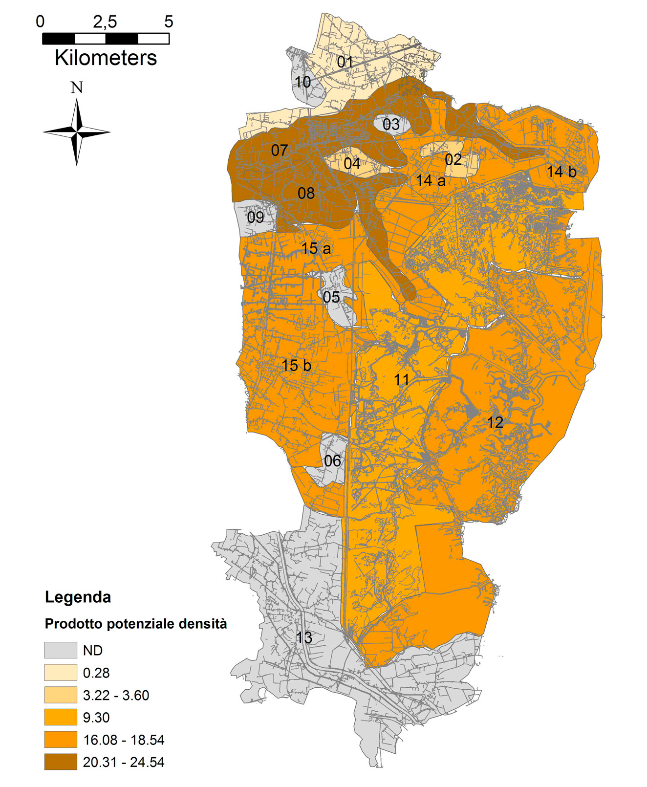 Fig. 8 – Elaborazione GIS del prodotto tra potenzialità archeologica e densità delle attestazioni dell’area di ricerca.