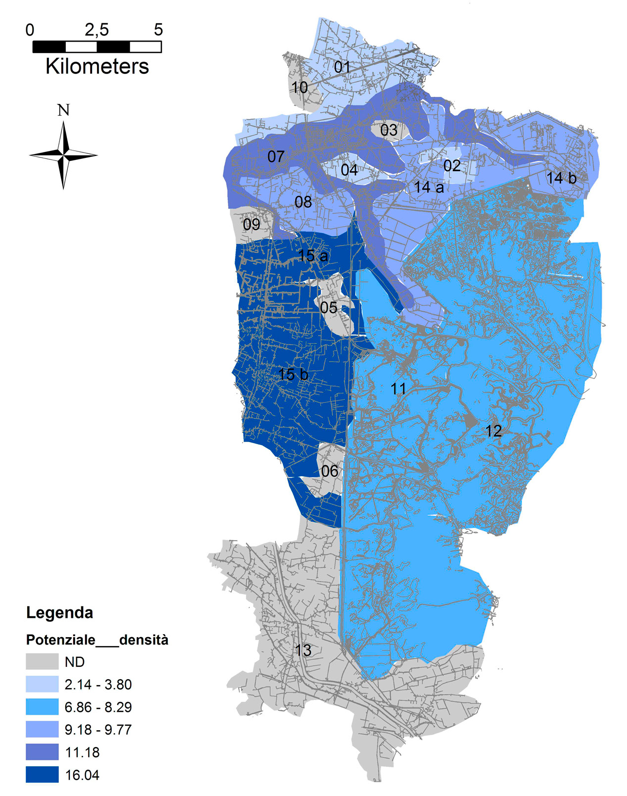 Fig. 9 – Elaborazione GIS della potenzialità dell’area di ricerca calcolata in base alla somma delle attestazioni archeologiche e del potenziale indisturbato.