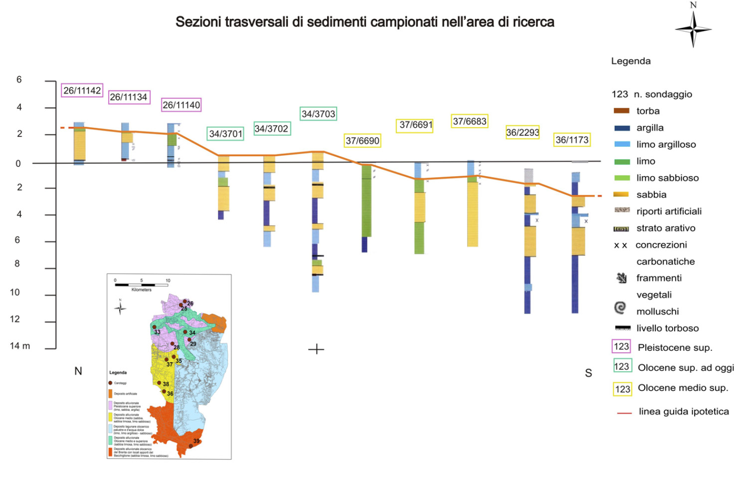 Fig. 10 – Grafico con l’andamento di alcune sezioni campionate nell’area di ricerca (sondaggi ripresi e modificati) (Bondesan et al. 2008).