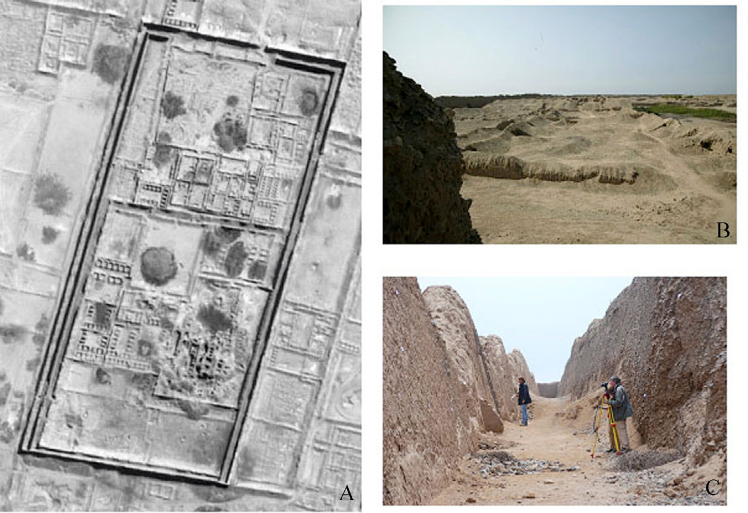 Fig. 5 – Palacio Rivero. A) Aerial view of the palace (Quickbird image 2003); B) A view of the internal structures; C) The survey of the double perimeter walls.