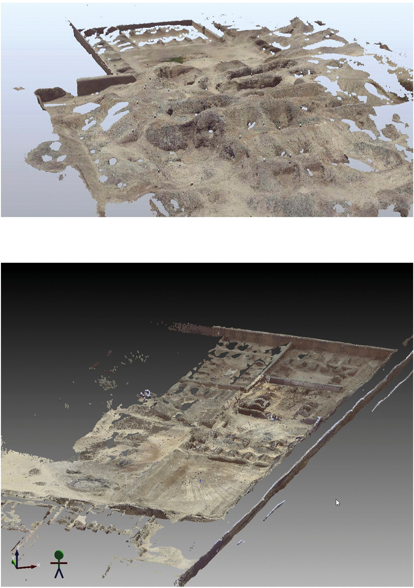 Fig. 7 – 3D laser scanner survey of Palacio Rivero. A) First processing of the Plataforma de Entierro. In the image, the spheres that were used to merge the range maps are visible; B) 3D survey of some warehouses in the central sector.