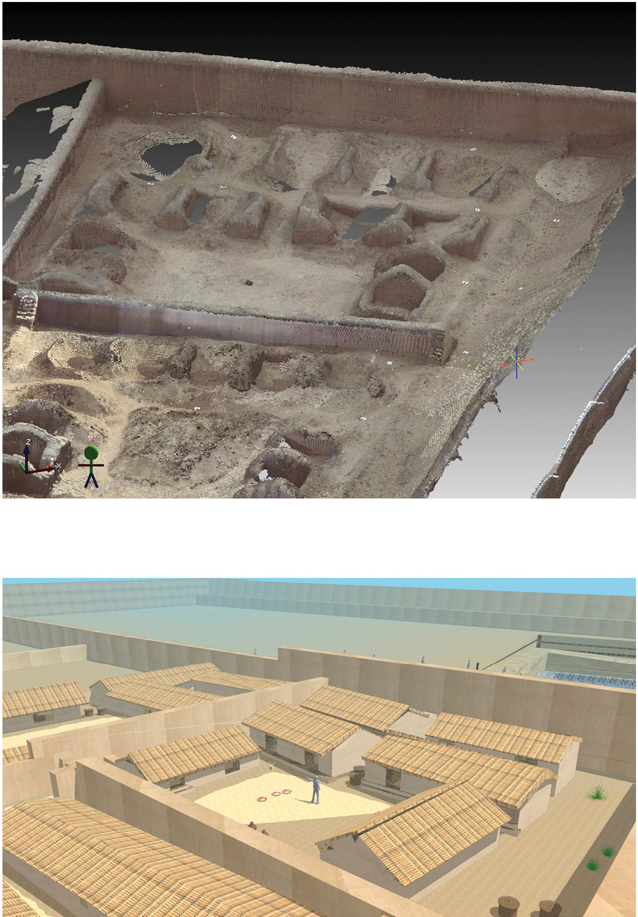 Fig. 10 – Ciudadela Rivero: warehouses in the central sector. A) Laser scanner survey; B) 3D virtual reconstruction (elaborated by Vittorio Lauro).