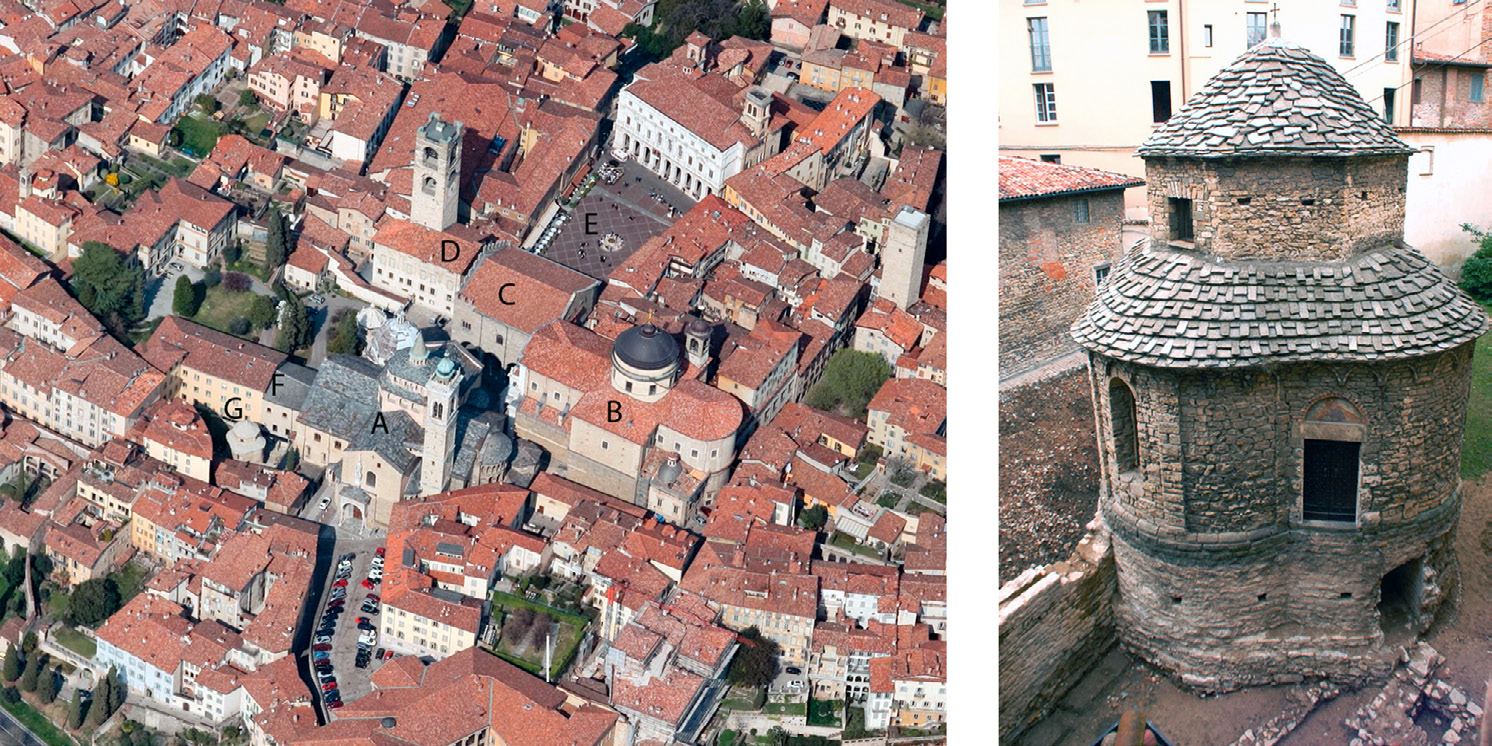 Fig. 1 – Il centro storico di Bergamo: a) Cattedrale di Santa Maria Maggiore; b) Duomo-cattedrale di San Vincenzo; c) Palazzo della Ragione; d) Palazzo del Podestà e Torre del Comune; e) Piazza Vecchia; f) Palazzo Episcopale; g) Santa Croce e la chiesa di Santa Croce a fine scavo archeologico (2004) (foto Studio Arch. Calzana).