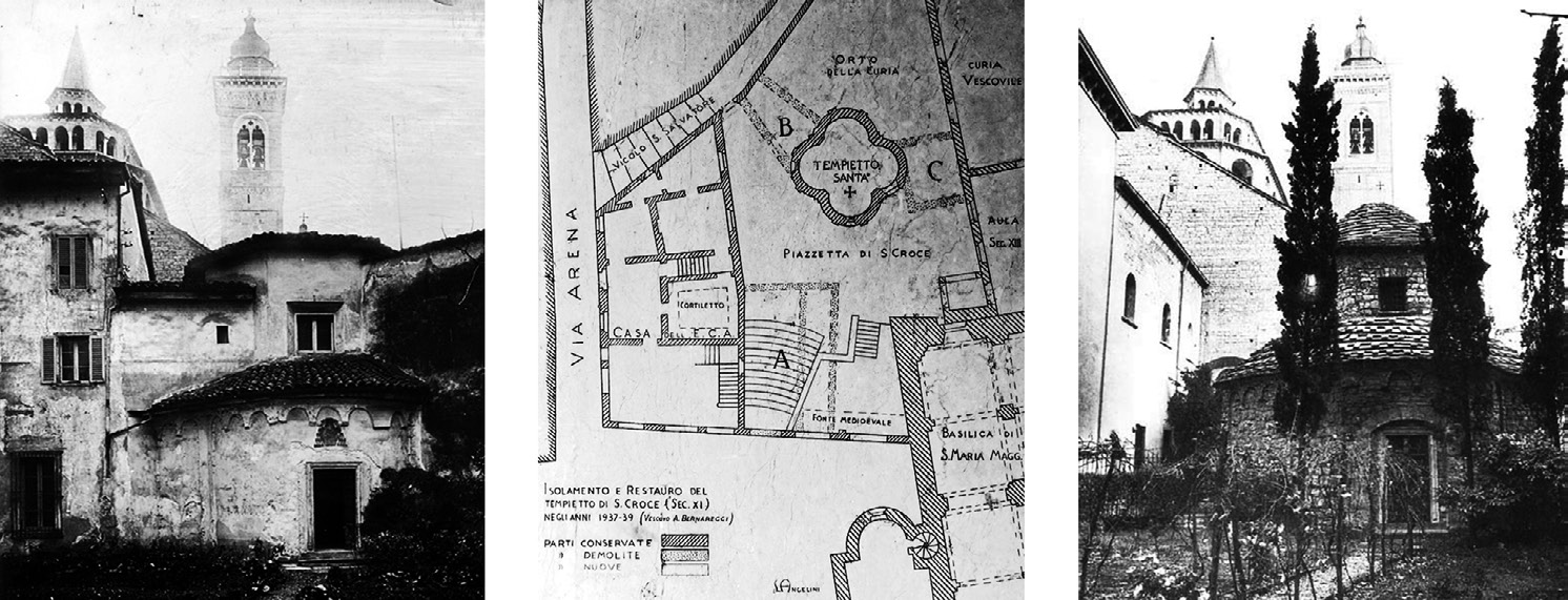 Fig. 2 – La chiesa di Santa Croce negli anni ’30, prima dell’intervento di “liberazione” e restauro effettuato da Luigi Angelini, la planimetria dell’area redatta da Luigi Angelini a fine lavori, con indicazione delle demolizioni compiute, e al termine degli abbattimenti e del restauro.