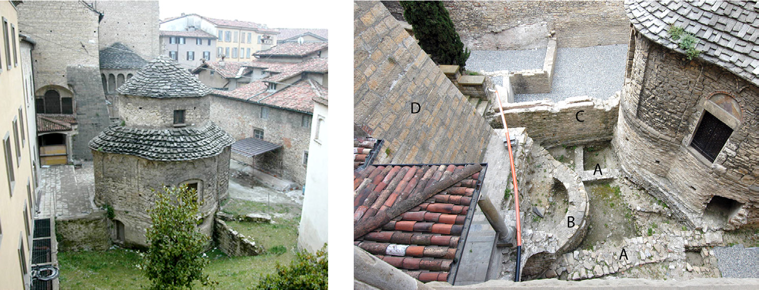 Fig. 3 – La chiesa di Santa Croce prima dello scavo e l’area attorno a fine scavo (2004): a) Edifici di età romana; b) Edificio trilobato (o quadrilobato?); c) Acquedotto a cavallo del quale è stata costruita la cappella di Santa Croce; d) Sperone rinascimentale a sostegno della cattedrale di Santa Maria Maggiore (foto Studio Arch. Calzana).