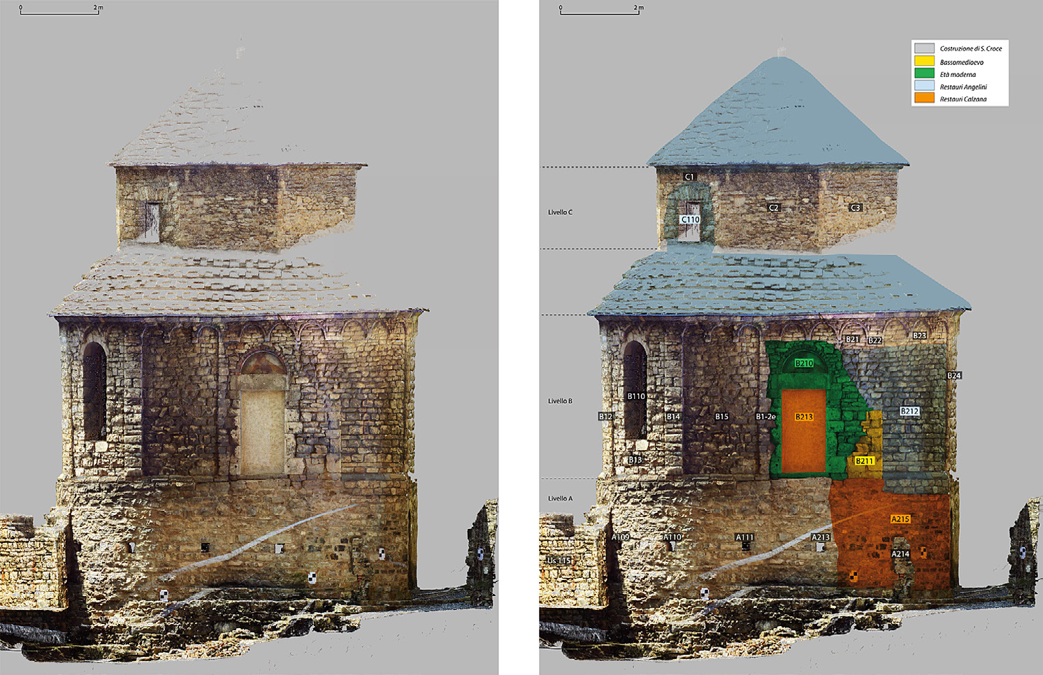 Fig. 4 – La chiesa di Santa Croce: proiezione ortografica dei prospetti e sovrapposizione dell’analisi stratigrafica con i riferimenti alle Us individuate.