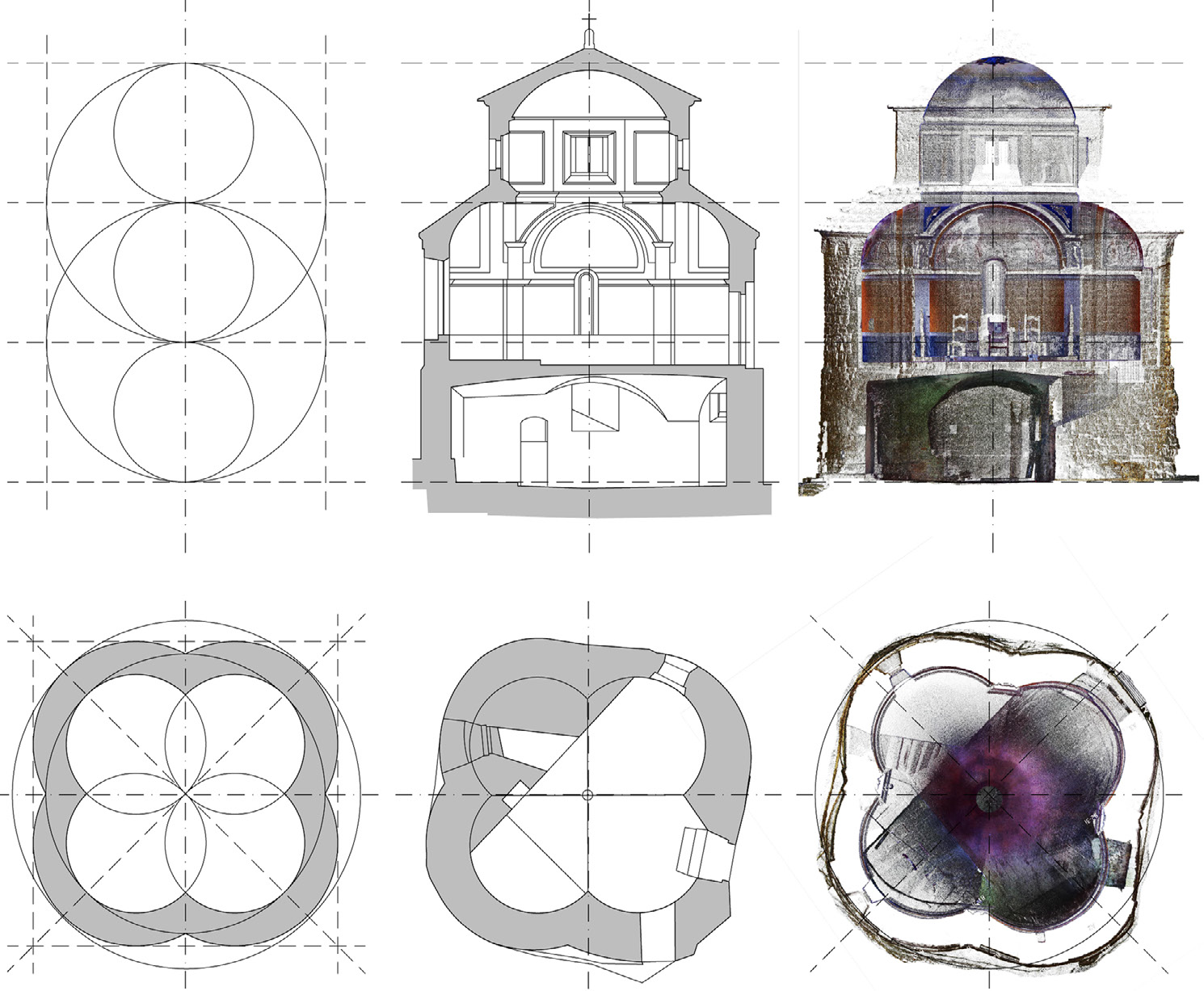 Fig. 5 – La chiesa di Santa Croce: confronto e analisi tra il modello ideale della cappella, il rilievo con tecniche di rilievo tradizionali (2004, Studio Arch. Calzana): piante e sezioni ottenute dalla scansione laser 3D.