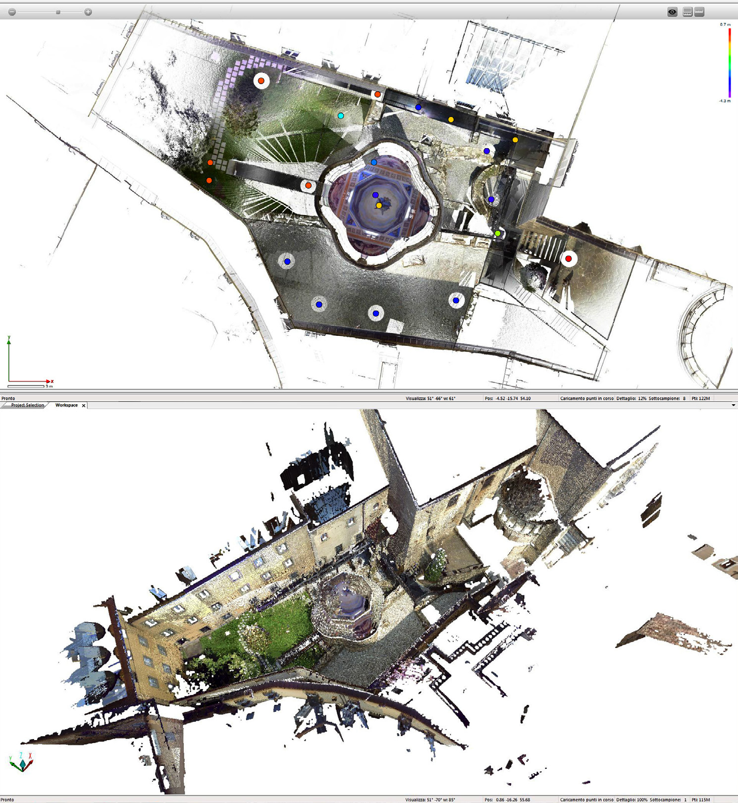 Fig. 8 – La chiesa di Santa Croce: la planimetria con indicazione delle stazioni e il modello 3D della chiesa e del cortile dell’episcopato.