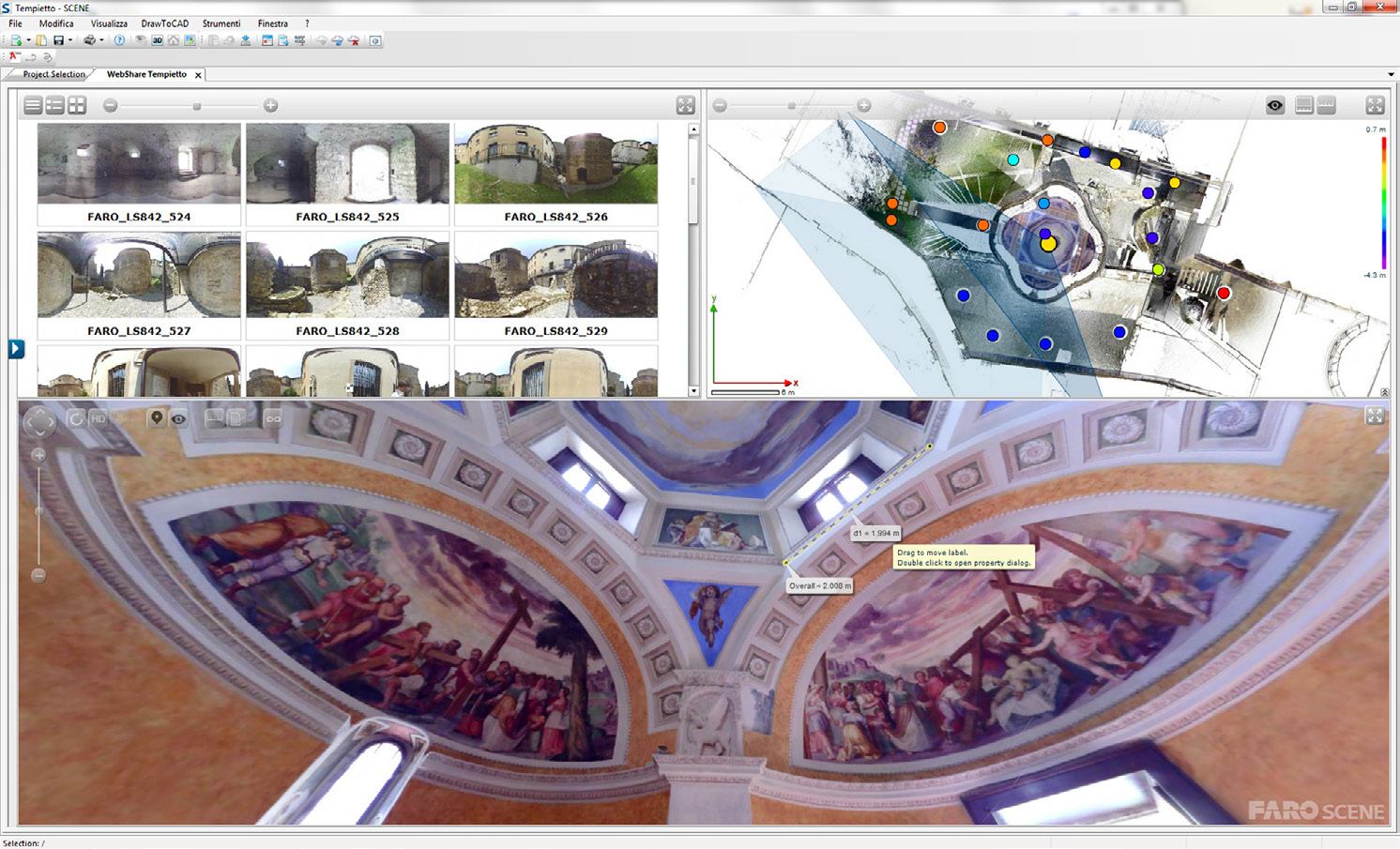 Fig. 9 – La chiesa di Santa Croce: mappatura delle scansioni e foto sferiche ottenute con 3D laser scanning.