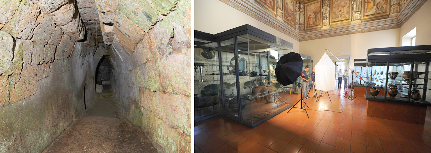 Fig. 1 – The Regolini-Galassi tomb today and the room in the Vatican Museums with the artifacts coming from the original context.