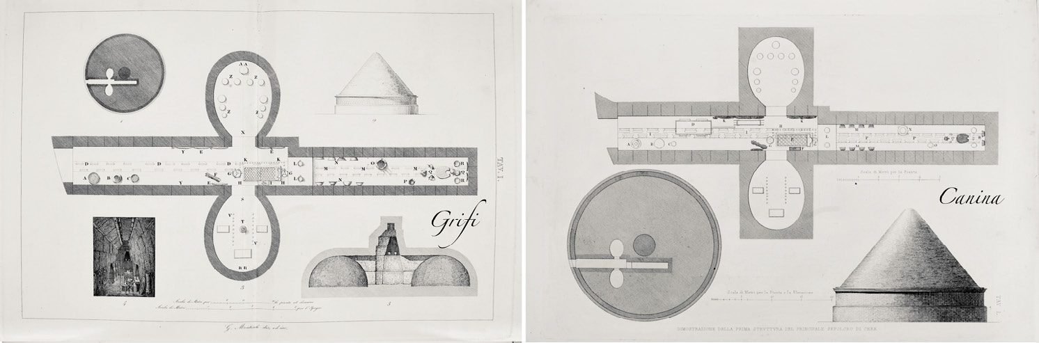 Fig. 2 – Plans of the Regolini-Galassi tomb by L. Grifi (1841) and L. Canina (1838).