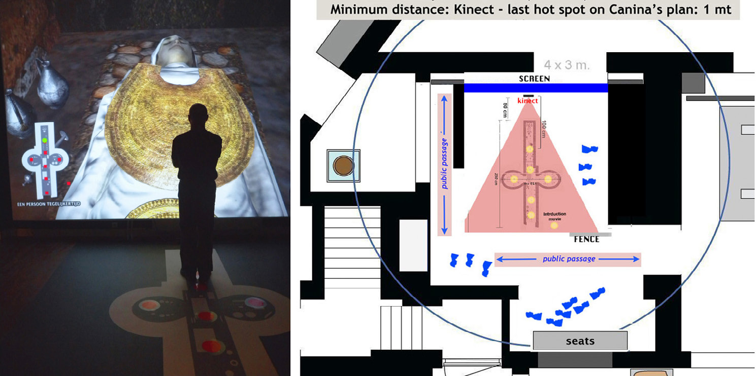 Fig. 9 – The first version of the VR application: installation and scheme of the interactive space (in collaboration with E.V.O.CA.).