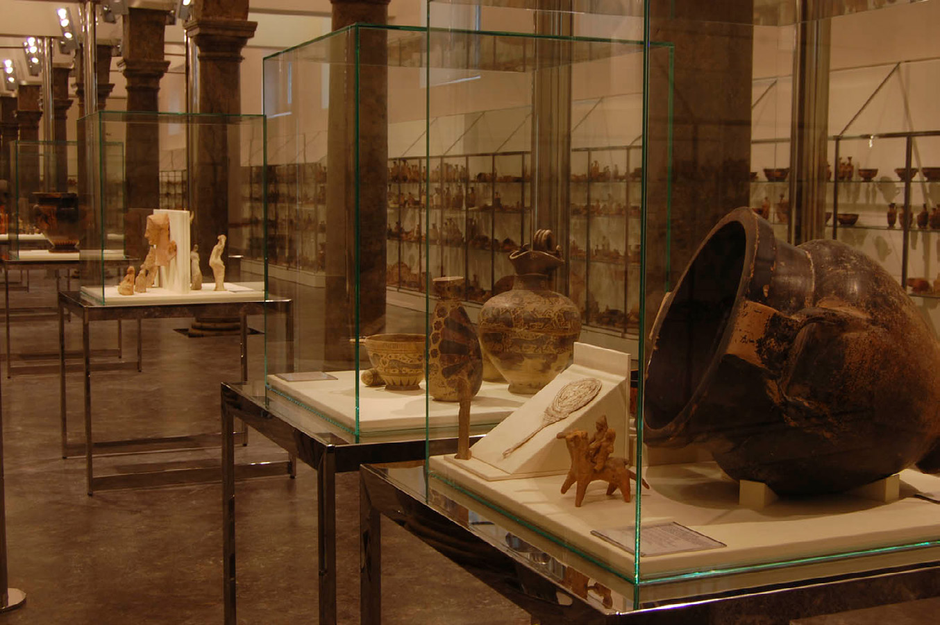 Fig. 1 – La sala della Cavallerizza di Palazzo Branciforte. In primo piano le vetrine-totem collocate al centro della sala, sullo sfondo la vetrina continua (foto G. Volpe).