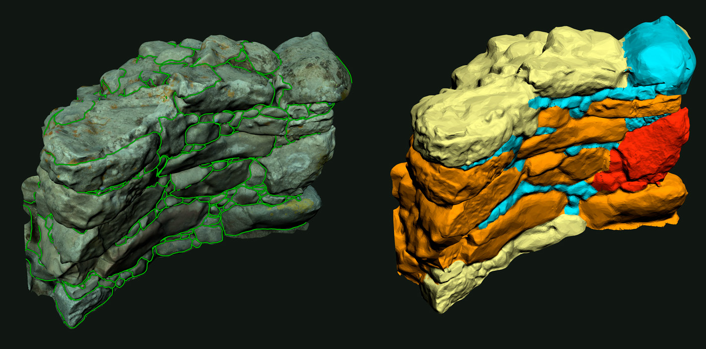 Fig. 12 – Rilievo 3D degli elementi strutturali (perimetri) e della stratigrafia muraria (superfici).