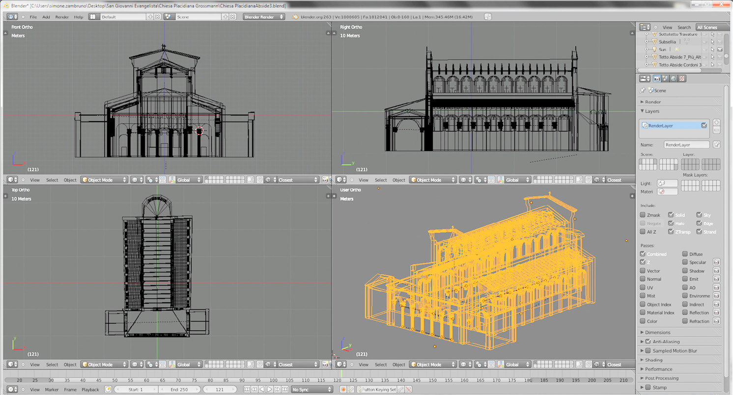 Fig. 1 – Modellazione delle prime fasi della chiesa di San Giovanni Evangelista in ambiente Blender.