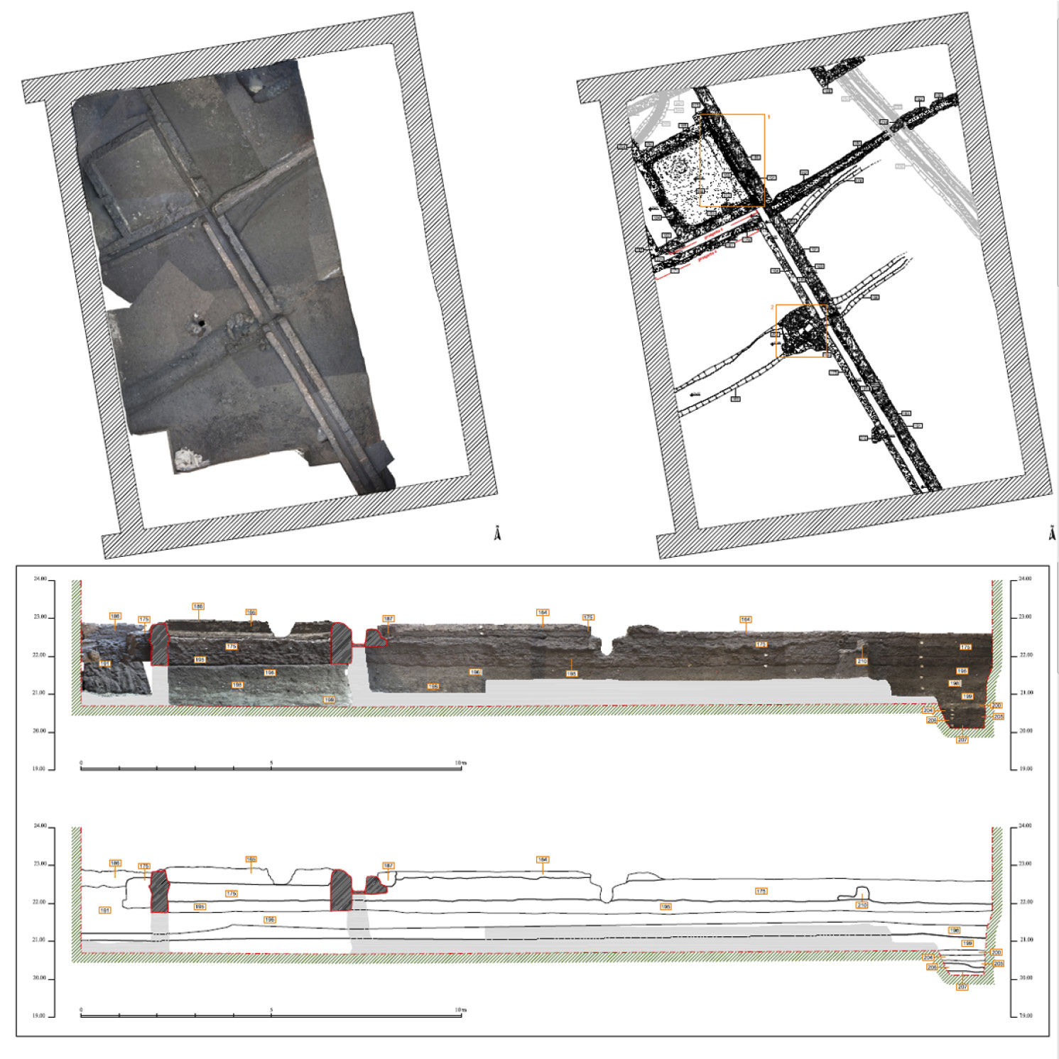 Fig. 4 – Piante, prospetti e sezioni restituiti e caratterizzati direttamente sulle ortofoto ottenute dalle nuvole di punti.