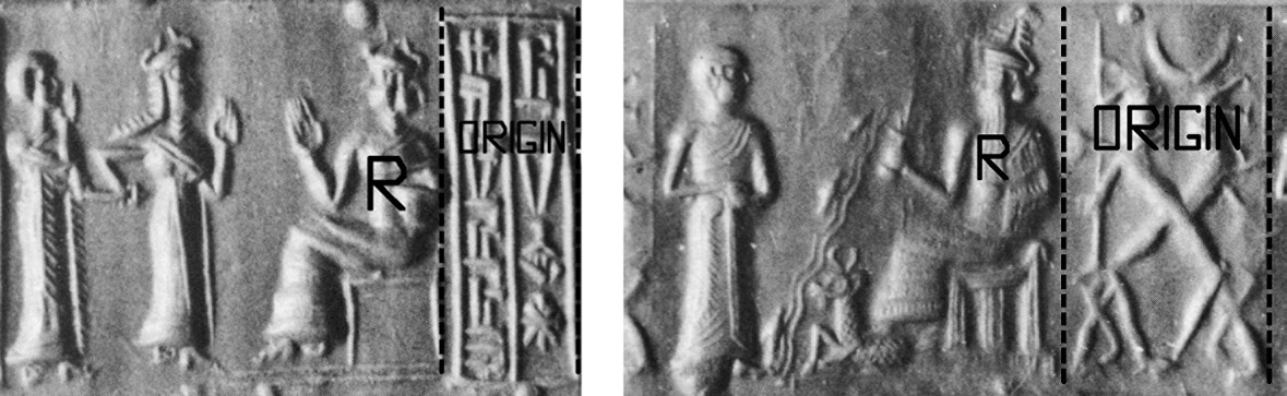 Fig. 1 – Coding strategy. Location of the receiver (R) and the origin on two presentation scenes (BM 129492 and BM 103232, Collon 1982, nos. 397 and 440).