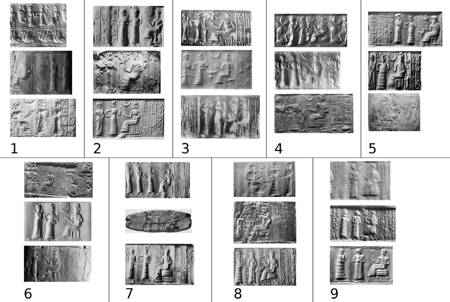 Fig. 8 – First analysis results. Classes 1/9-9/9. For each class, the first three prototypes are shown: 1/9) Collon 1982, no. 334, Yale, NBC 5123, Legrain 1925, no. 269; 2/9) Legrain 1951, no. 348, Legrain 1951, no. 334, Porada 1948, no. 275; 3/9) Parrot 1954, no. 125, Buchanan 1966, no. 422, Parrot 1954, no. 137; 4/9) Buchanan 1981, no. 589, Collon 1982, no. 403, von der Osten 1934, no. 136; 5/9) Amiet 1972, no. 1685, Legrain 1951, no. 336, Yale, NBC 3505; 6/9) Buchanan 1981, no. 600, Collon 1982, no. 432, Yale, YBC 1571; 7/9) Collon 1982, no. 469, Buchanan 1981, no. 636, Legrain 1951, no. 432; 8/9) Legrain 1925, no. 291, Buchanan 1981, no. 646, von der Osten 1936, no. 46; 9/9) Buchanan 1966, no. 442, Moortgat 1940, no. 255, Moortgat 1940, no. 256.