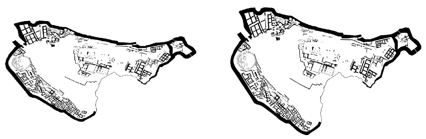 Fig. 4 – Distorsioni geometriche determinate da differenti sistemi geografici di proiezione: A) Micene (epsg:4326), B) Micene (epsg:3857).