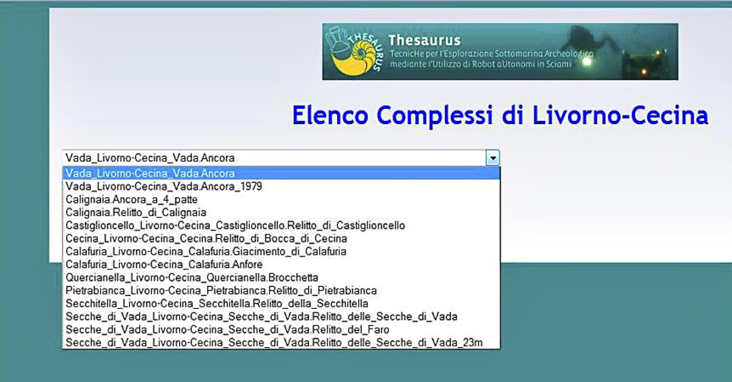 Fig. 8 – Schermata di visualizzazione della ricerca a tendina dei complessi archeologici inseriti nel sistema informativo relativi alla macroarea Livorno-Cecina.