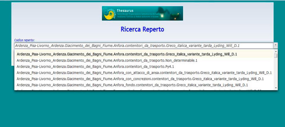 Fig. 9 – Schermata di visualizzazione della ricerca a tendina dei reperti inseriti nel sistema informativo.