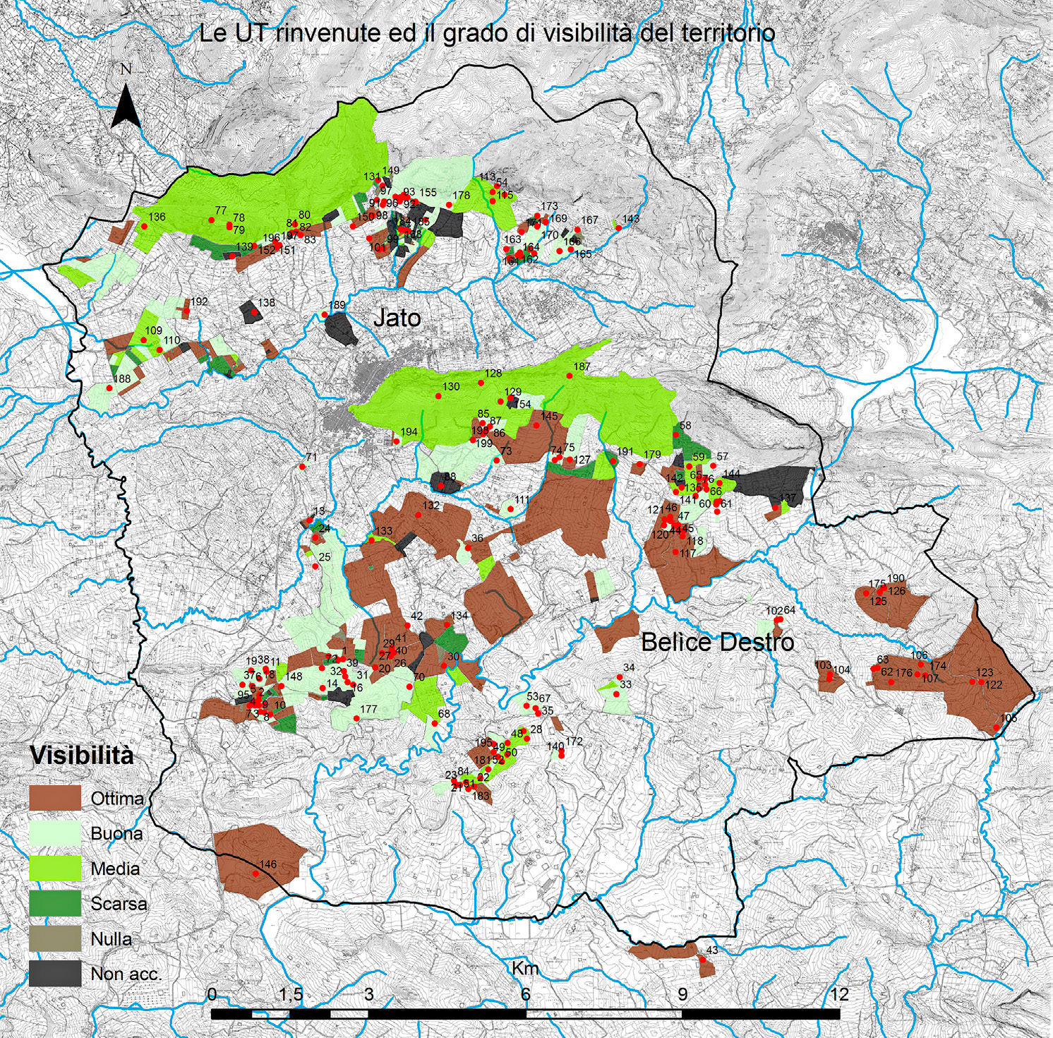 Fig. 2 – Carta della visibilità al suolo con distribuzione degli insediamenti finora rintracciati.