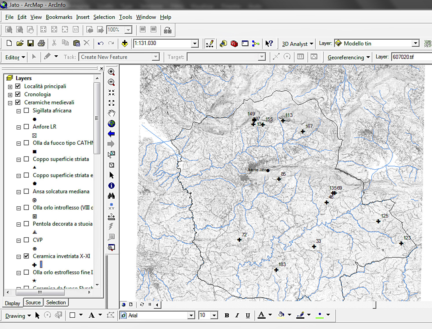 Fig. 6 – Esempio di geodatabase: la distribuzione della ceramica invetriata di X-XI secolo nel territorio.