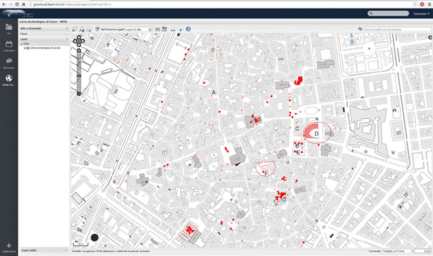 Fig. 1 – Interfaccia utente del GIS cloud della Carta Archeologica di Lecce: il servizio cartografico.