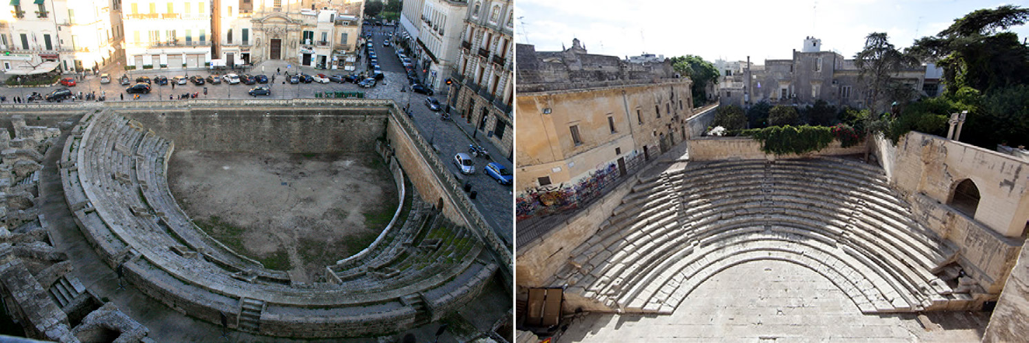 Fig. 3 – Lecce: vedute dei resti dell’anfiteatro e del teatro, gli unici due monumenti attualmente visibili di Lupiae, messi in luce negli anni Trenta del XX sec. (foto G. Caldarola).