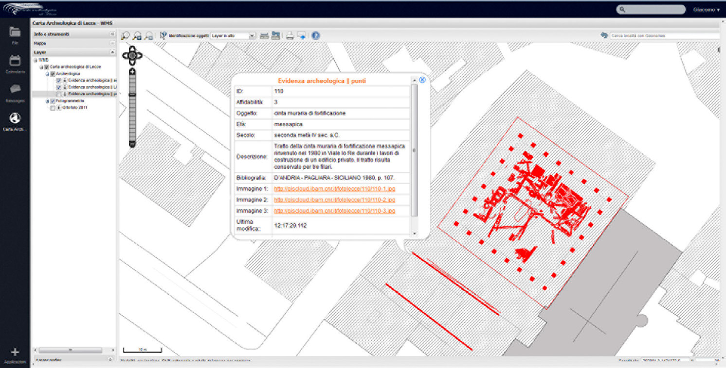 Fig. 8 – Vista di dettaglio del servizio cartografico del GIS cloud della Carta Archeologica di Lecce: esempio di interrogazione del sistema e visualizzazione dei dati.