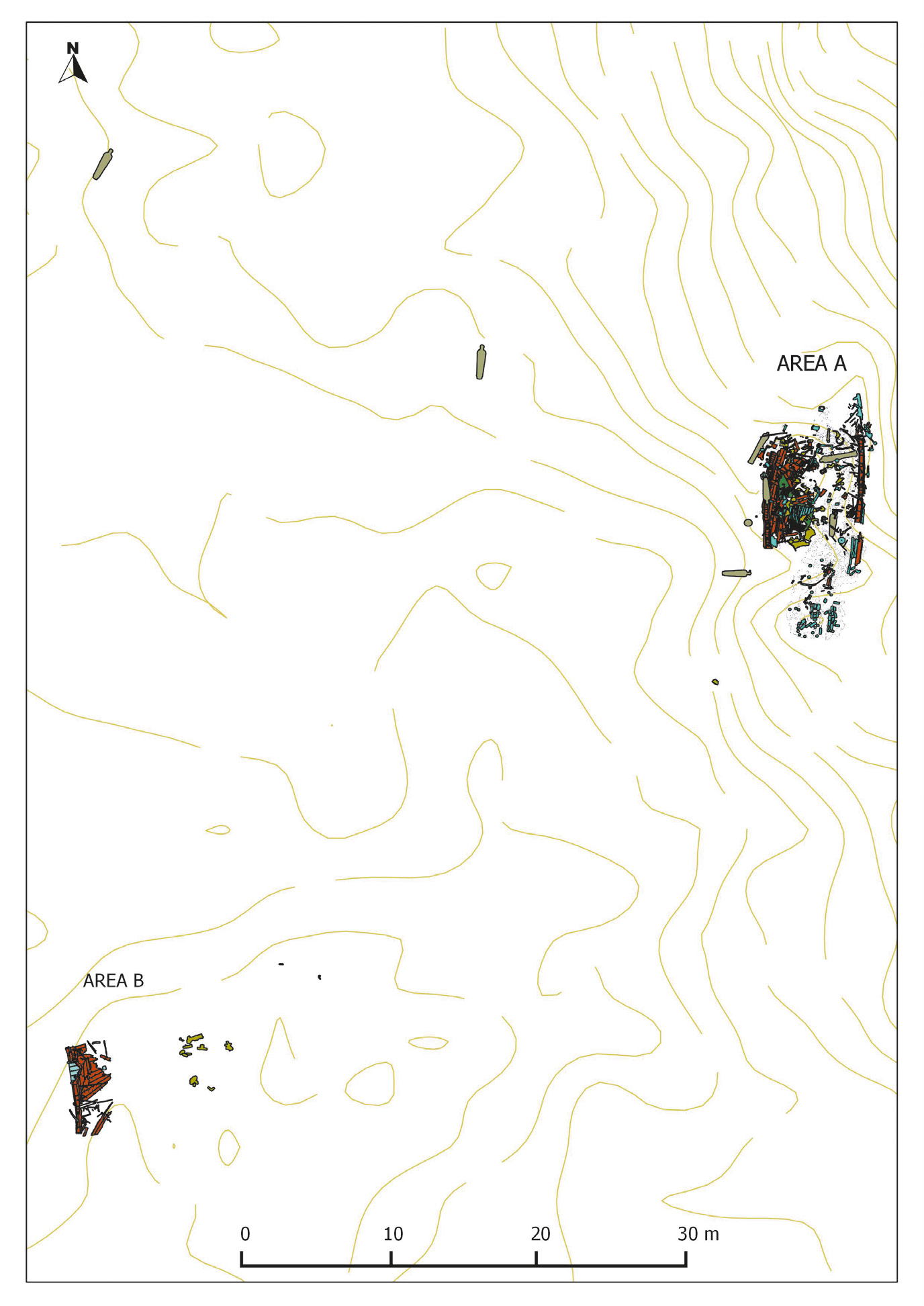 Fig. 1 – Pianta del sito prodotta dal GIS: si notino le aree A e B corrispondenti rispettivamente a prua e poppa.