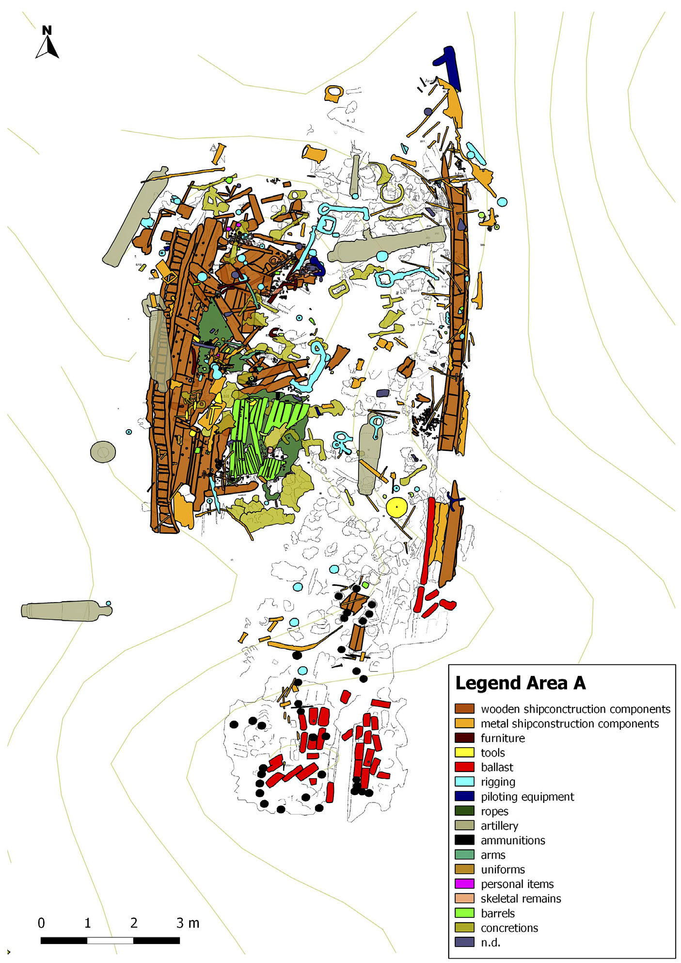 Fig. 5 – Pianta dell’area A dal GIS: i colori identificano le varie tipologie di reperti presenti nel sito.