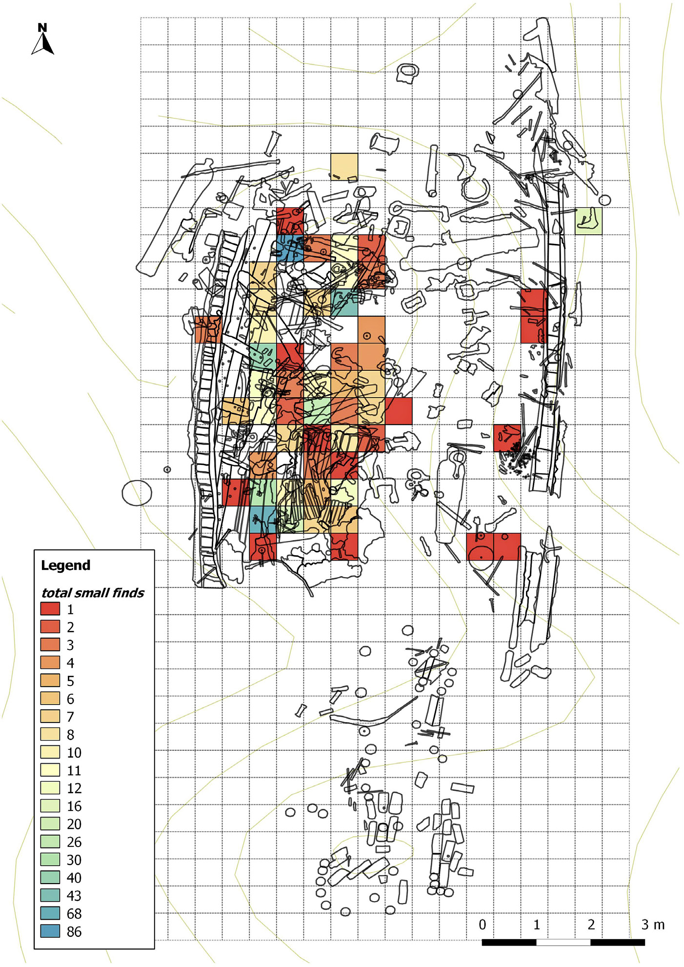 Fig. 6 – Pianta dell’area A dal GIS con la distribuzione topografica dei piccoli reperti: ogni cella contiene un numero specifico di piccoli reperti.