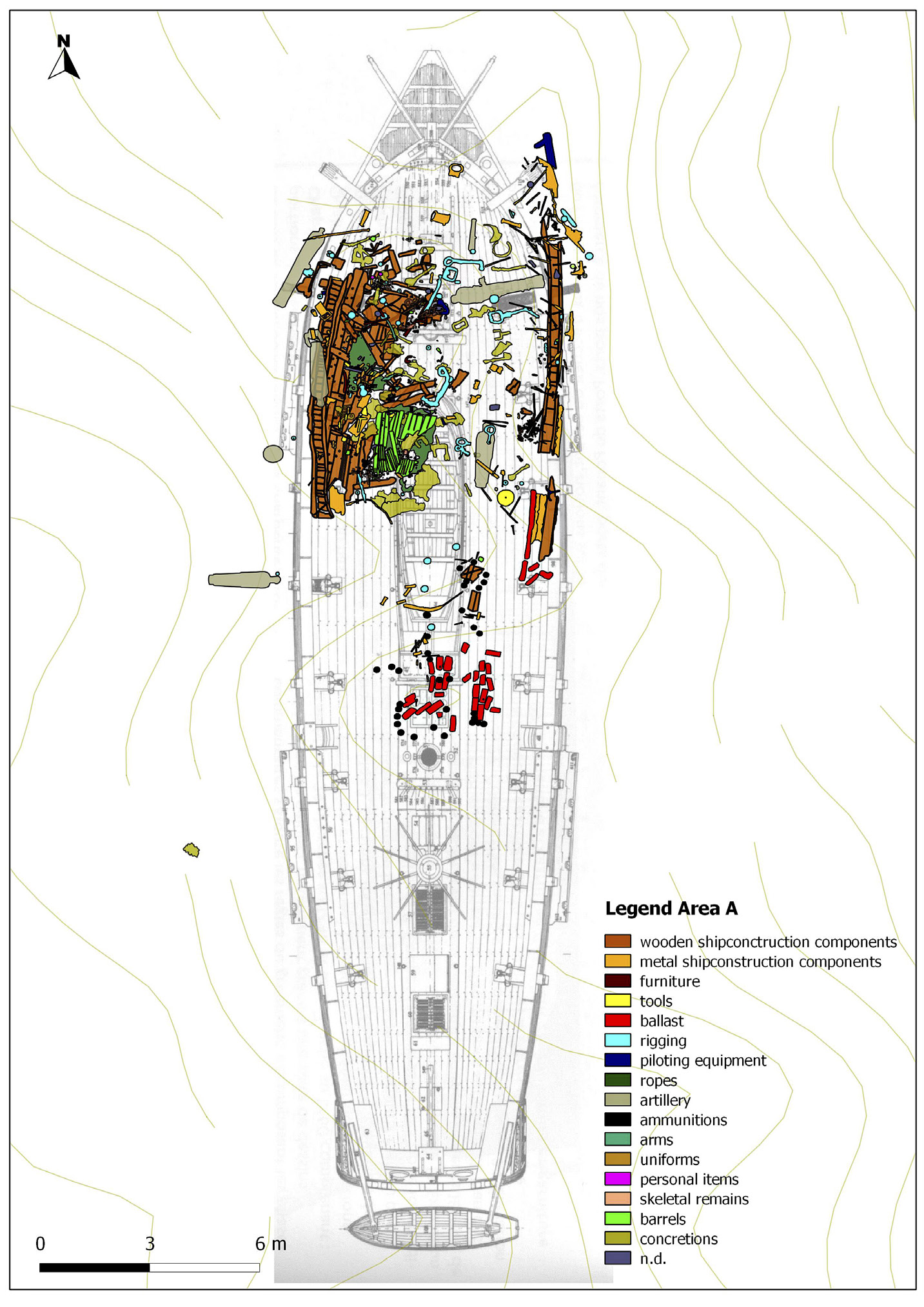 Fig. 7 – Pianta dell’area A dal GIS sovrapposta al rilievo in pianta del modello del Cygne, gemello del Mercurio: i colori identificano le varie categorie di reperti.