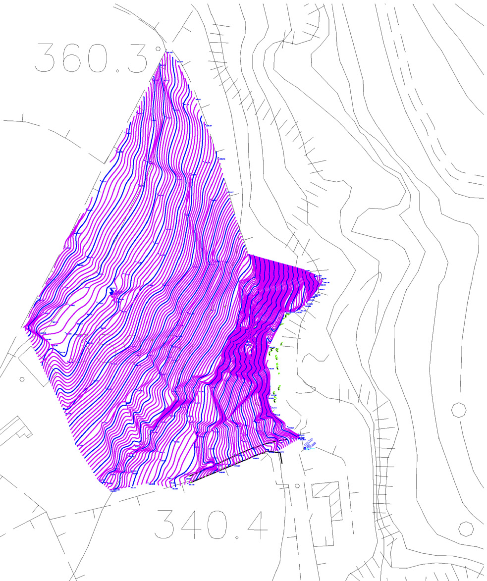 Fig. 3 – Appoggio topografico con curve a 1 m, su base CTR (elab. da rilievo di A. La Cognata).