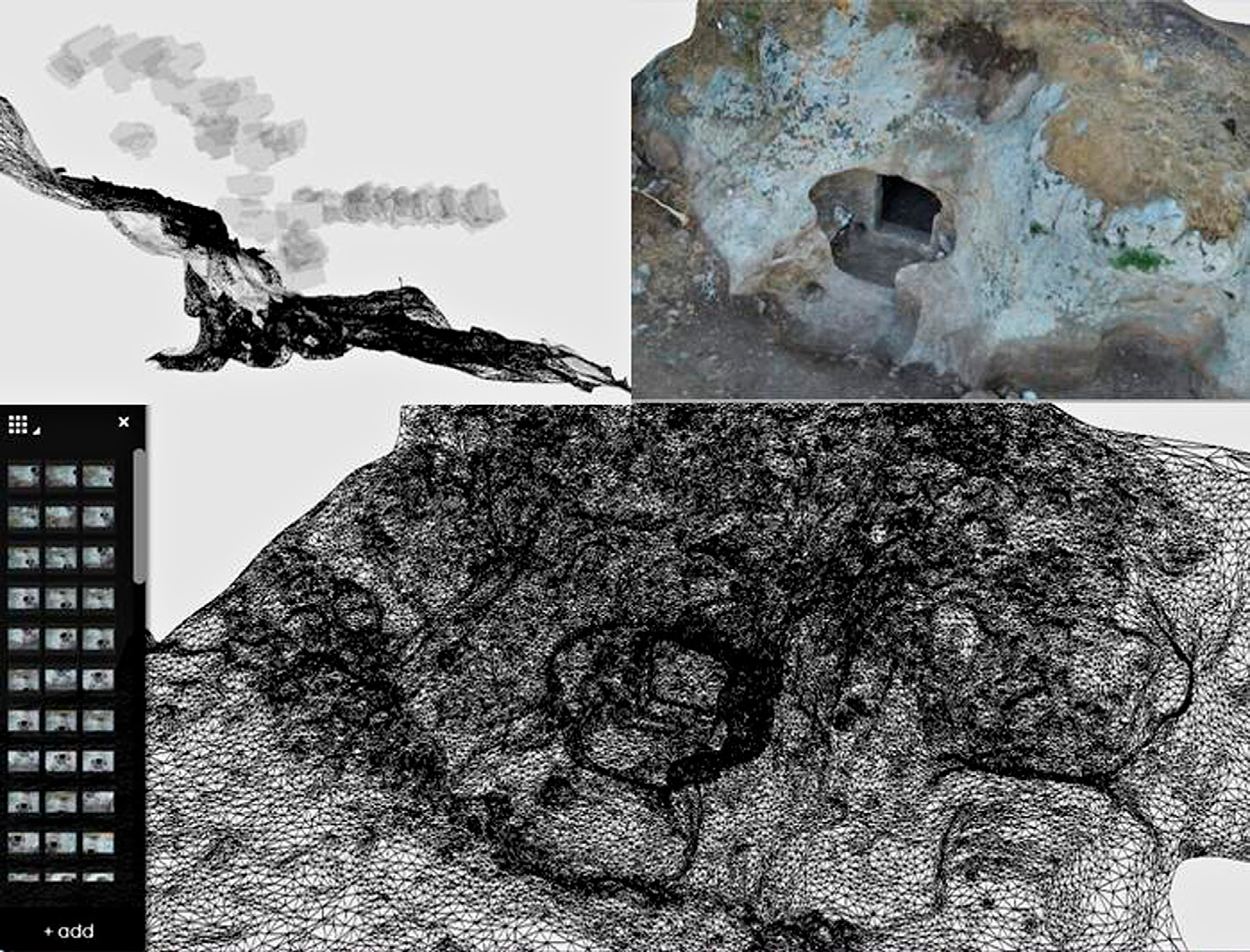 Fig. 6 – Calicantone, Tomba 86. Sequenza fotografica per l’acquisizione esterna. Ricostruzione mesh in visualizzazione texture. Ricostruzione mesh in visualizzazione wireframe (ReCap Photo).