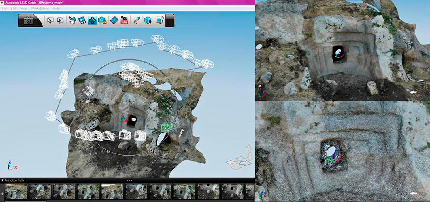 Fig. 7 – Calicantone, Tomba 69. Sequenza fotografica per l’acquisizione esterna. Ricostruzione mesh in visualizzazione texture. Ricostruzione mesh in visualizzazione wireframe (123D Catch).